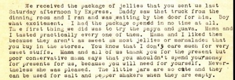 Anna describes the scene when a package of jellies that Dad sent from Miami Beach was delivered to the house.