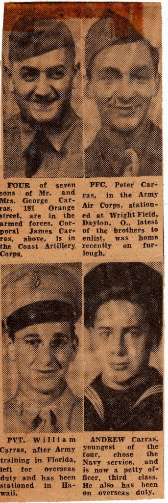 A clipping that Stanley passed along to Dad about the Carras brothers who lived on the same street as them in Albany. Four of the seven brothers in the family were in the service as of February 1943.