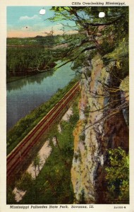 Post card image of cliffs overlooking the Mississippi at Mississippi Palisades State Park near Savanna, Illinois.