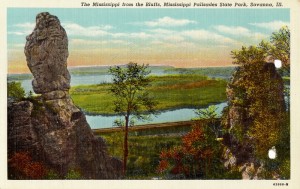 Post card image of the Mississippi River from the Bluffs at Mississippi Palisades State Park near Savanna, Illinois.