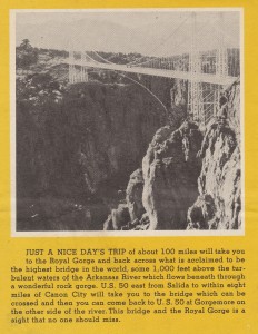 Photo of the bridge over the Royal Gorge in Colorado which hangs some one thousand feet over the floor of the gorge. 