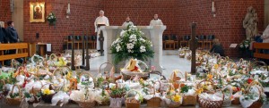 A contemporary example of the Polish tradition of blessing the Easter Baskets containing food for the Easter feast, a tradition known as Swieconka.