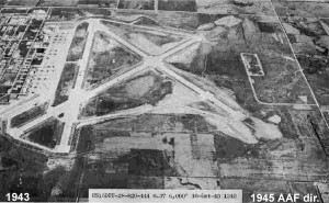 An aerial view of Topeka Army Airfield taken in October, 1943. The facility now houses Topeka Regional Airport. Until 1973 it was known as Forbes Field. The Kansas Air National Guard and the 190th Air Refueling Wing still maintain facilities here. Image credit: Wikipedia