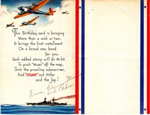 Inside of the card sent by Anna. Note the B-17s and what would today be considered "politically incorrect" language in reference to the Japanese leader.