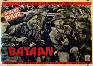 Lobby Card for the 1943 movie Bataan starring Robert Taylor. This movie is not to be confused with 1945's Back to Bataan with John Wayne. image credit : www.benitomovieposters.com