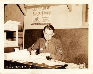 Stanley Murawski working at his desk at Great Falls Army Air Base. In his letter he notes "I sure had a mess of papers on my desk."