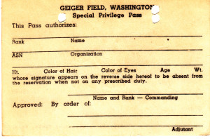 The front of a blank pass from Geiger Field. 