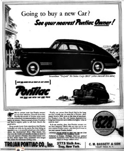 An advertisement for Trojan Pontiac from the May 5, 1941 edition of the Troy Times Record. Uncle Eddie worked here during the war years. 