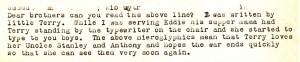 In an excerpt from a letter to Dad, baby Terry gets her hands on the typewriter and sends a little message to her uncles.