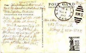 Dad's note home form the train station. Note the RPO (Rail Post Office) designation on the postmark indicating that the card was postmarked on the train.