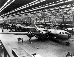 a 1944 photo of B-29's being assembled in the Boeing Wichita production plant. 