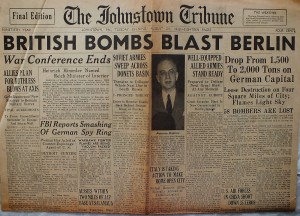 The front page of the Johnstown Tribune on August 24, 1943 reporting on the bombing of Berlin