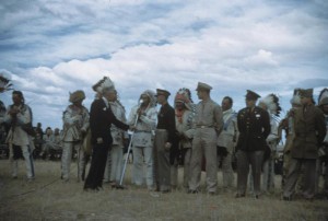 Photo of the officers of the 401st being inducted into the Blackfoot Indian Nation. Image courtesy of Roger Freemen Collection, American Air Museum in Britain. http://www.americanairmuseum.com/media/4278