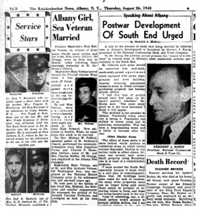 Clipping from the Knickerbocker News dated August 24, 1943 about the Vettese - DeCaro wedding (credit www.fultonhistory.com) 