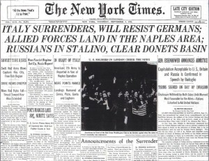 New York Times front page of September 9, 1943 with the news of the surrender of Italy.