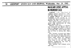 Clipping from November 24, 1943 about the denial of the appeal in the Mascari murder case. 