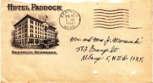 The envelope of the letter sent from the Hotel Paddock in Beatrice, Nebraska