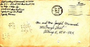 The envelope of Dad's April 10, 1944 (mailed on April 11) letter with his new address on it.