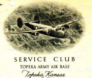 Image from the letterhead of the Service Club at Topeka Army Air Base featuring a drawing of a B-24 Liberator