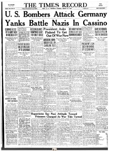 The Troy, NY Times Record front page from March 16, 1944 with news of an Allied bombing raid in Germany in which the 401st Bomb Group participated. You can click on the image above to go to a .pdf of the page to read the account.  File credit www.fultonhistory.com