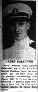 A clipping from the July, 3, 1943 edition of the Albany Times-Union with a photo of Eddie Falkowski.