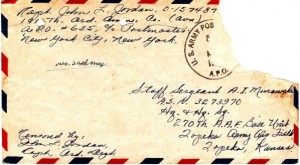 Envelope from Capt. Jordan's latter dated May 15, 1944. Note that the letter did not pass through the hands of a censor other than those of Capt. Jordan himself. 