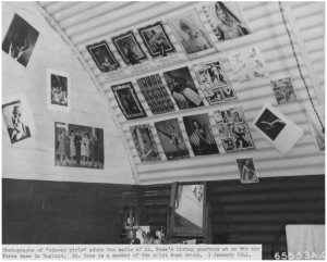 Photo of a barracks at Deenthorp with a collection of Pin Up girls on the wall. Image courtesy of http://www.remember-our-heroes.nl/us_401stBG.htm