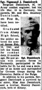 A notice that appeared in the March 23, 1945 edition of the Knickerbocker News regarding the death of Sigmund "Ziggy" Danielczyk.