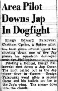 Clipping from  the January 23, 1945 Knickerbocker News reporting on Eddie Falkowski's shooting down of a Japanese fighter. 